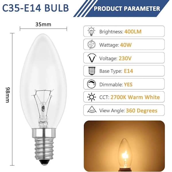 E14 40W Clear Incandescent Bulb, Dimmable, Warm White 2700K, 400lm, Flame Bulb, E14 Edison Screw Bulbs, 6-pack