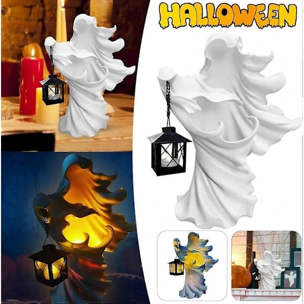 Cracker Barrel Ghost Halloween Witch Ornament Solar Light Energy-Saving Resin Statue for Garden Decor White