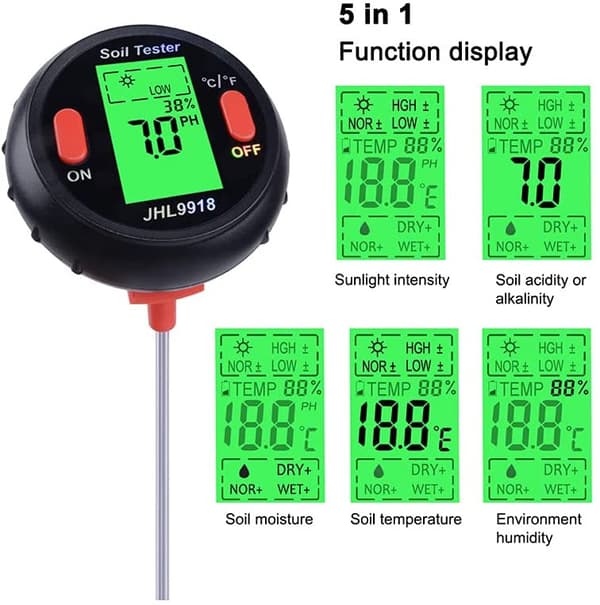 5 i 1 Digital Jord Ph-måler Hygrometer med Bakgrunnsbelyst LCD-skjerm