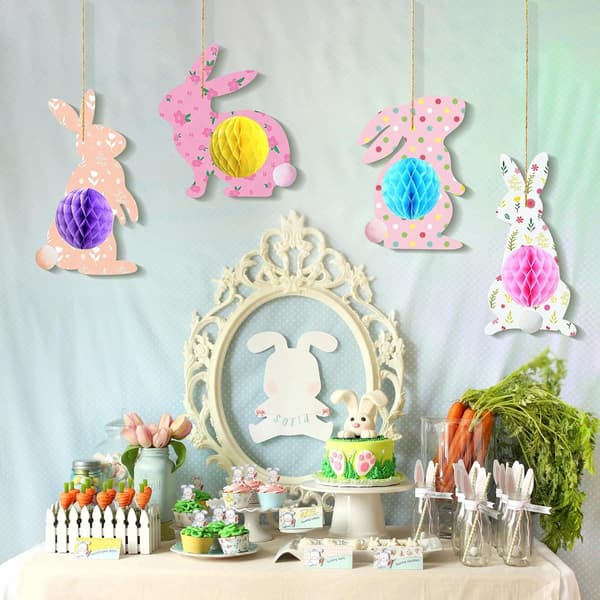 Easter Honeycomb Centerpiece with String 4 pcs Paper Easter Bunny Decorations 12x23cm