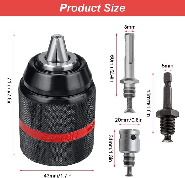 Borrchuck 1,5-13 mm, 1/2 \" 20UNF gjenge, hurtigchuckadapter, med SDS Plus, 1/4 HEX og Impac