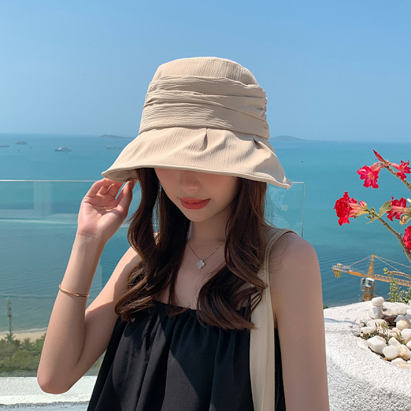 Snygg Plisserad Bucket Hat för Kvinnor Enfärgad Bomull Lätt Fiskehatt Vikbar Solskydd
