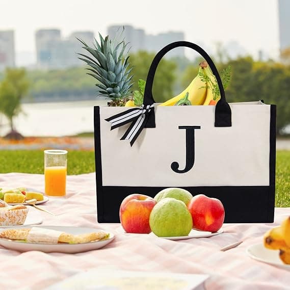 Personalized Canvas Beach Bag with Initials, Monogram Gift Bag for Women