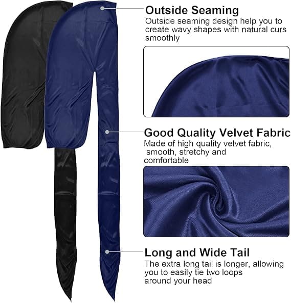 2 stk Sort Blå Silke Durag Unisex Hue Hat Durag til Mænd Kvinder