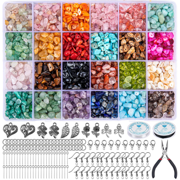 Sett med smykker, 24 farger 5-7 mm naturlige edelstensperler, DIY1073-ringer, halskjeder, armbånd, øredobber