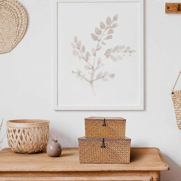 Förvaringslåda i rotting med lock - Set med sjögräskorg och organisatör - Rektangulär design M