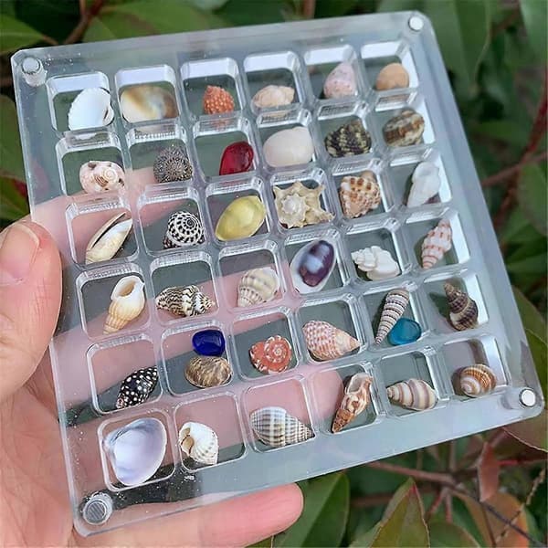 Magnetic Acrylic Shell Display Box, Diamond Gemstone Bead Storage Display Organizer Box Grid Transparent Acrylic Shell, A
