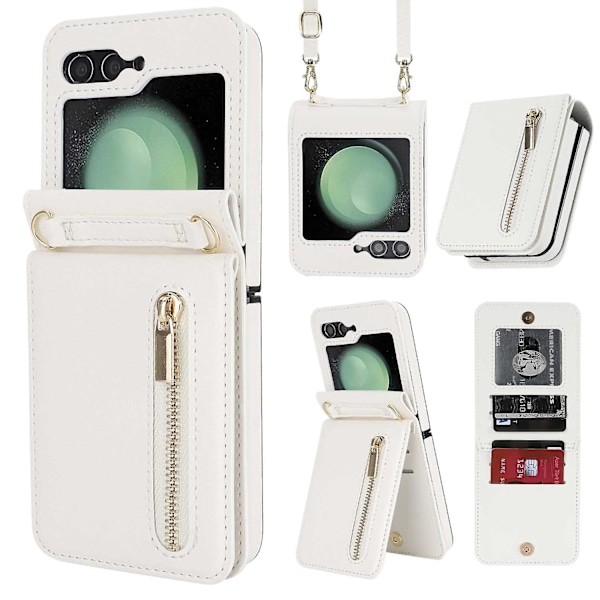 Z Flip 5 Lommebokdeksel, Crossbody Glidelås Lærdeksel med Stativ for Samsung Galaxy Z Flip 5 med Kortlommer White