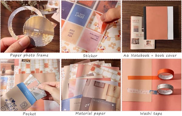348-dele Scrapbooking-tilbehørssæt, Orange Æstetisk Bullet Journal Scrapbook-kit med A6-gitter
