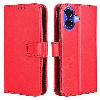 Compatible Case for iPhone 16 Plus Crazy Horse Texture PU Leather Wallet Case (Red)