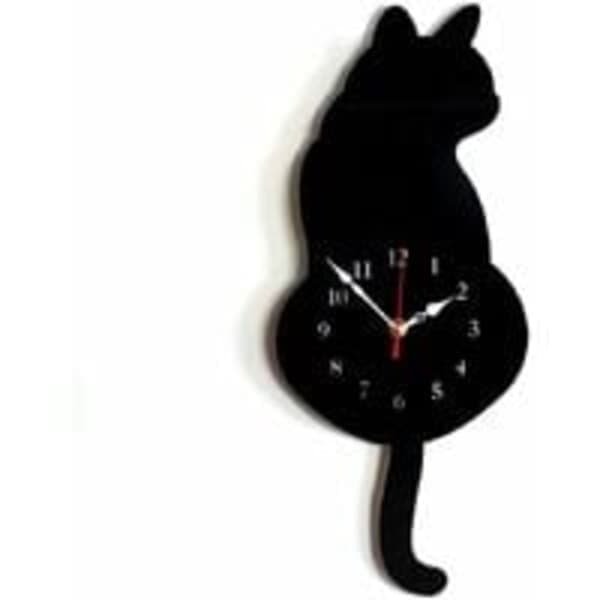 DIY Acrylic Wall Clock Modern Cute Clock Cat Waving Tail Home Decor Silent Movement (Black)