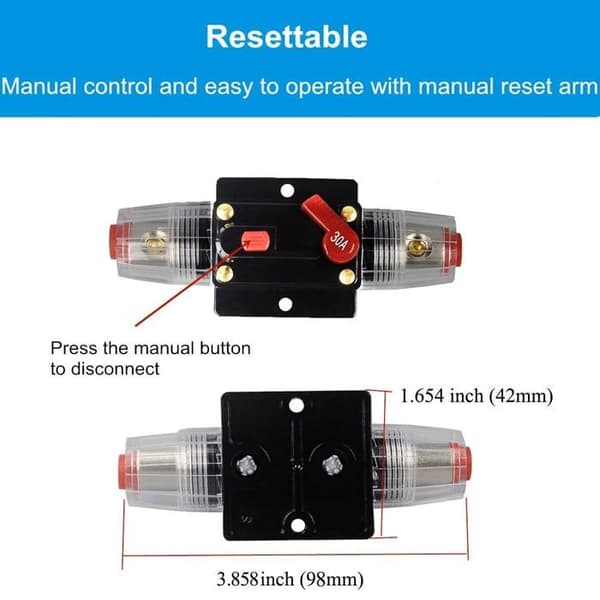 2 stk. afbryder nulstillingssikring, 12V-24V DC 30A med manuel nulstilling til lydsystembeskyttelse