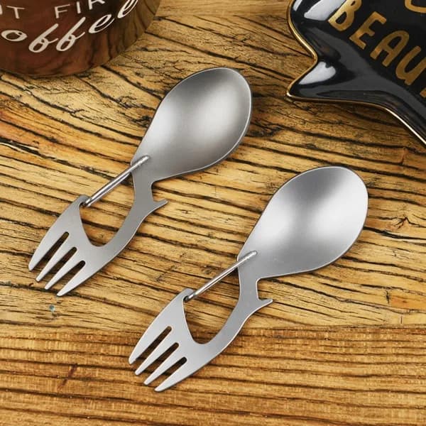 Multitool Spork, stainless steel/titanium - Spoon, fork, carabiner and bottle opener, regular A