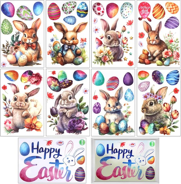 Easter Window Decorations Rabbit and Egg Design Electrostatic Adhesion Reusable 9 Sheets 20x30cm Includes Scraper