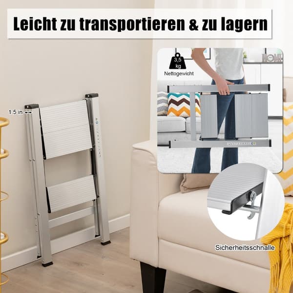 2-Step Folding Aluminum Ladder up to 150 kg Silver