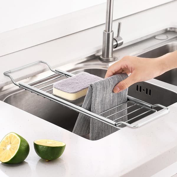 Telescopic Stainless Steel Sink Rack, Sponge Holder, Extendable Sink Organizer