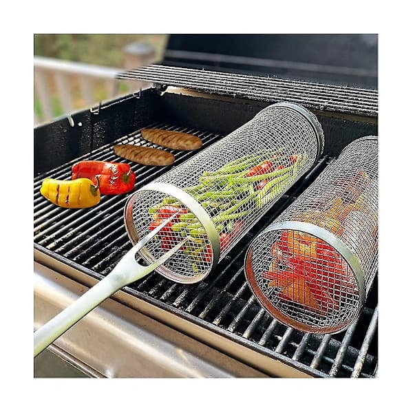 2 stk. Grillkurve - Bedste Grillkurv Nogensinde, Rundt Grillnet i Rustfrit Stål Sølv