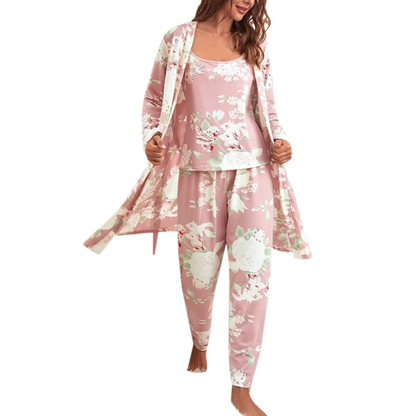 Långa pyjamasset för kvinnor, printed mjölksilkepyjamas långa pyjamasbottnar 3-delat set Rosa Storlek: XL