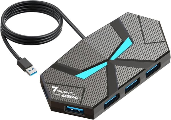 USB 3.0 Hub 7-port Powered Splitter with 1.2m Extension Cable 5Gbps Data Transfer LED Light for Laptop Desktop PC Black