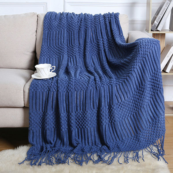 Kastfiltar för soffa, sovrum och kontor, texturerad, blekningsbeständig, mjuk och varm dekorativ stickad filt med fransar, 127x152 cm Dark blue