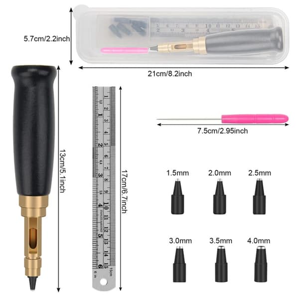 Adjustable Screw Punch, 6 Tip Sizes, Belt Hole Punch, Wooden Handle, Leather Hole Punch Tool for Sewing Black Leather
