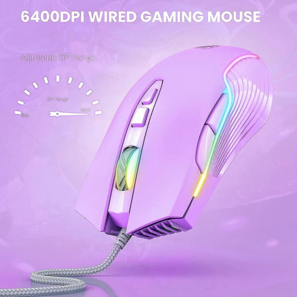 Onikuma Cw905 Kablet Mus 6400 DPI USB Gamingmus 7-knapsdesign Åndedræts-LED-farve til PC og Bærbar Computer Lilla