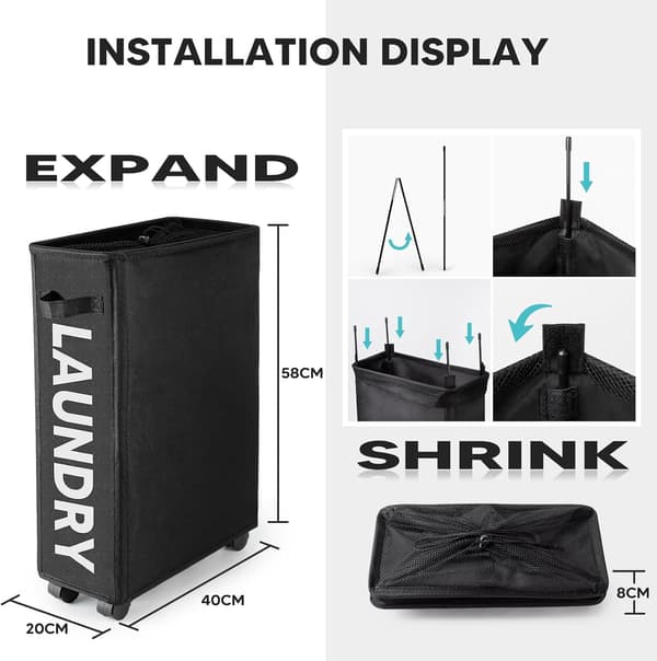 Slim Foldable Laundry Basket with 4 Wheels, Thin and Foldable Laundry Hamper, Oxford Fabric, Small Slim Laundry Basket with Wheels (Black)