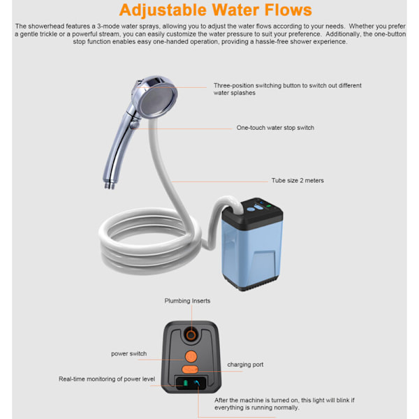 Campingduschkit, bärbar dusch för campingplats, utomhus campingduschpump, uppladdningsbart duschhuvud, 2 meter lång, 3 lägen, Li-ion batteri 3600mAh