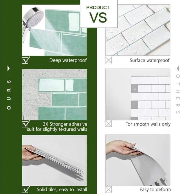 Self-adhesive wall decal tiles, 10-pack wall stickers for kitchen & bathroom, 25x7.5 cm