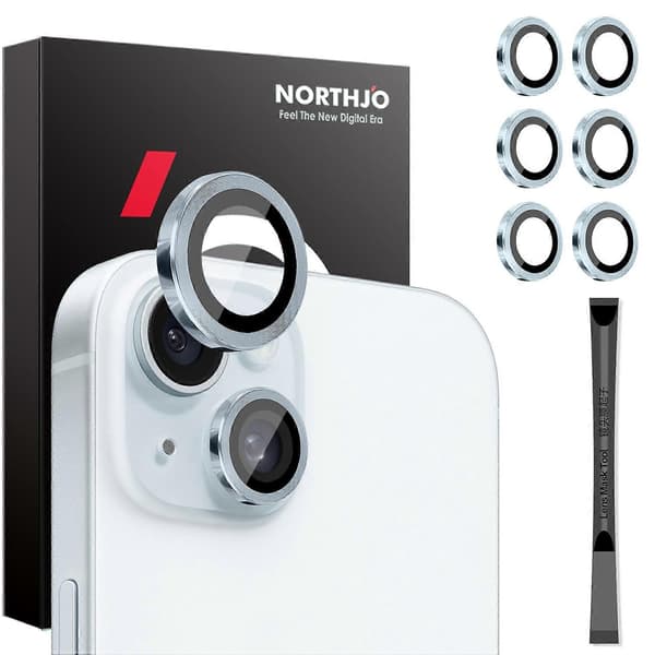 NORTHJO 3 Sets Compatible with iPhone 15 Plus 14 Plus Tempered Glass Lens Protector CD Veins Metal Ring Le Blue Blue