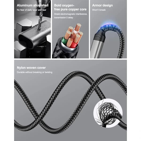 Bil Aux Lydkabel kompatibel iPhone, Lightning til 3.5mm Nylon Stereo Au,A