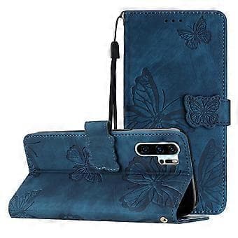 Compatible with Huawei P30 Pro Embossed Butterfly Case with Wallet and Stand - Blue Blue Blue