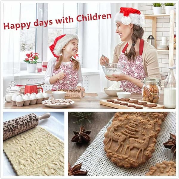 Christmas Patterned Wooden Rolling Pin, Rolling Pin, Kitchen Utensil, Baking Accessory, Eye-catcher, Stable and Durable, Christmas Theme, 38 cm x 5 cm