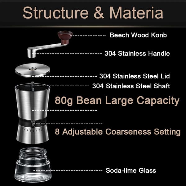Manual Coffee Grinder - 8 Grind Settings, Hand Crank Coffee Mill, Large Capacity