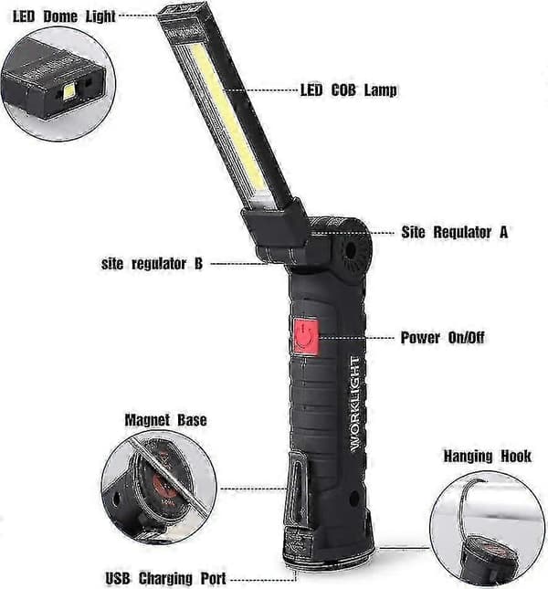 Arbeidslampe LED Arbeids-LED LED Oppladbar LED Inspeksjonslampe Magnetisk Sokkel 5 Moduser Com