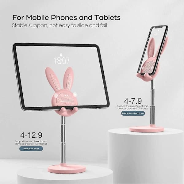 Cute Rabbit Phone Holder, Angle and Height Adjustable Cell Phone Stand for Desk, Compatible with Thick Cases