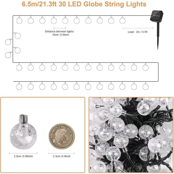 Solar string lights cool white 30 LED 6.5m waterproof garden decoration