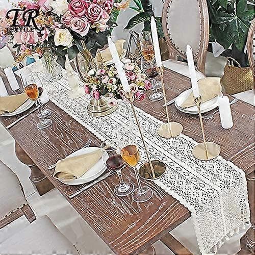 9,5\"x 71\" Beige Makramé Bordslöpare Rektangulär Virkad Spets Elegant Ihålig Mesh Duk för Rustik Boho Bröllopsdekor Brud & Baby