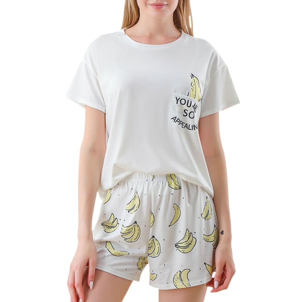 Kortärmad pyjamas för kvinnor Tecknad set Nattlinne Casual Shorts med dragsko Pyjamas Gul storlek M