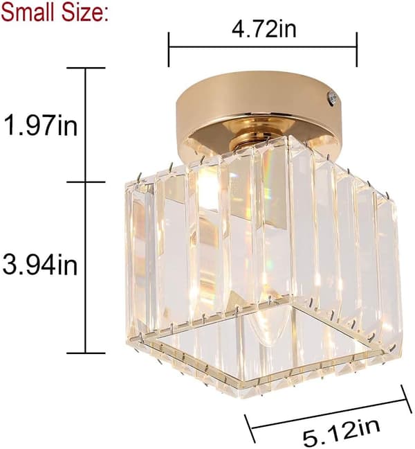 Crystal Ceiling Lamp, 60W Mini Square Chandelier Flush Mount Modern Foldable Close to Ceiling Light, Bedroom Dining Room, E27 Socket