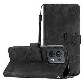 Compatible with OPPO Reno 8 5G Embossed Butterfly Case with Wallet and Stand Function - Black Black
