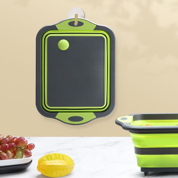 Foldable Green Silicone Cutting Board with Colander - Multifunctional Sink & Strainer, Compatible with Kitchen Storage & Drainage