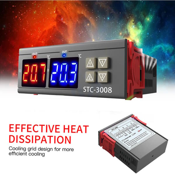 Dual Digital Display Thermostat Temperature Controller with Dual NTC Probe Relay Output, DC 24V - DC 24V