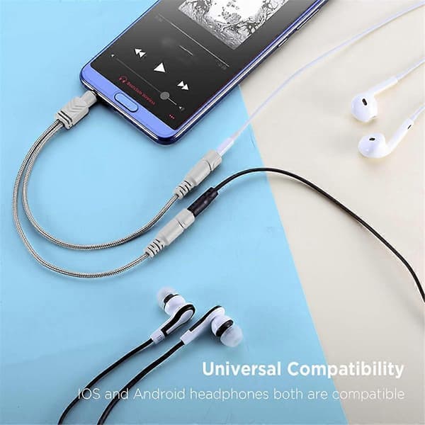 2X Headphone Splitter, AUX Splitter Cable for Headset Knitted 3.5mm Splitter 2-Way Audio Splitter S Light Grey Light Grey