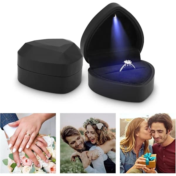 Ring Box with LED Light Jewelry Gift Box Engagement Creative Diamond Heart-shaped Ring Box Wedding Ring Case for Proposal Engagement Wedding (Black)