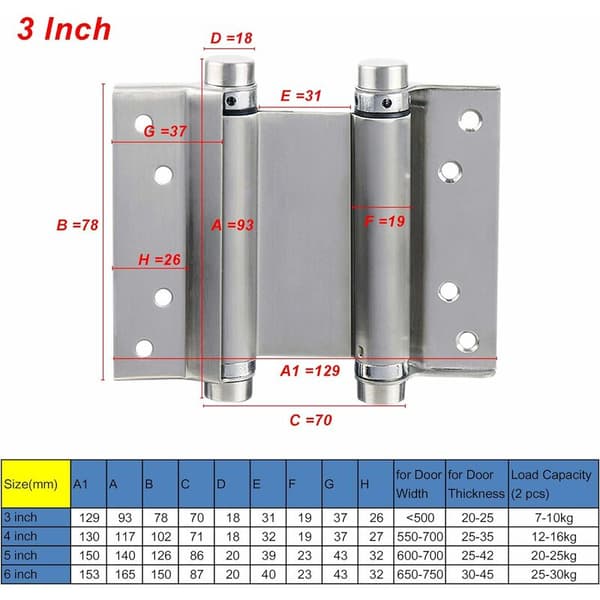 Spring Hinge (78mm) Double Acting Stainless Steel Self Closing Swing Door Hinge (2-Pack)
