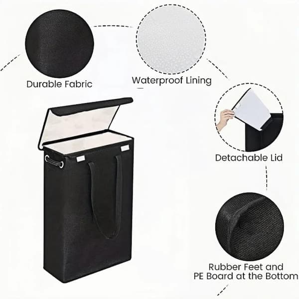 Foldable Laundry Basket 45L – With Lid & Handle – Slim – Black