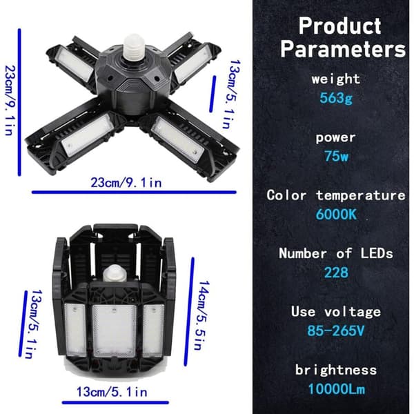 LED Garage Light, LED Garage Lamp, Adjustable Ceiling Workshop Lighting, E27 6000K Lighting, with Multiple Adjustable Panels, 15000 Lumens, Garage