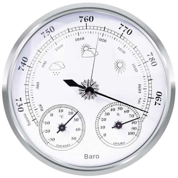 Analog værstasjon, barometer, termometer, hygrometer (sølv, 128 mm) sølv silver