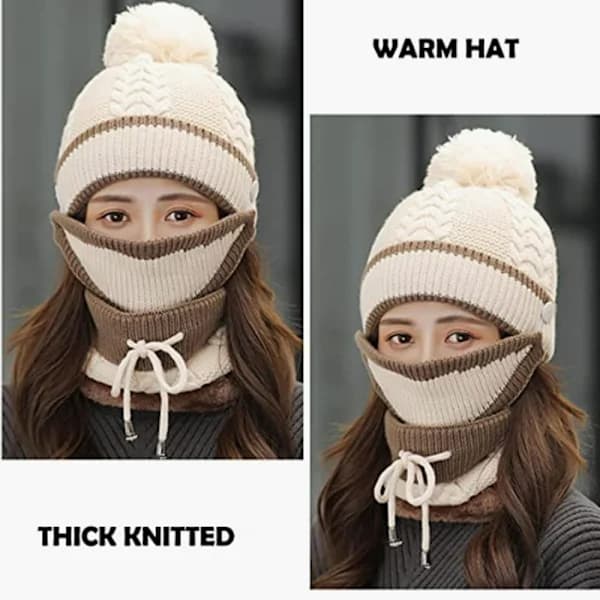 Vintermode Ridhatt Öronmuff Ullhattsmask Slipsar Koreansk mode Stickad Varm Tredelad Set (beige)